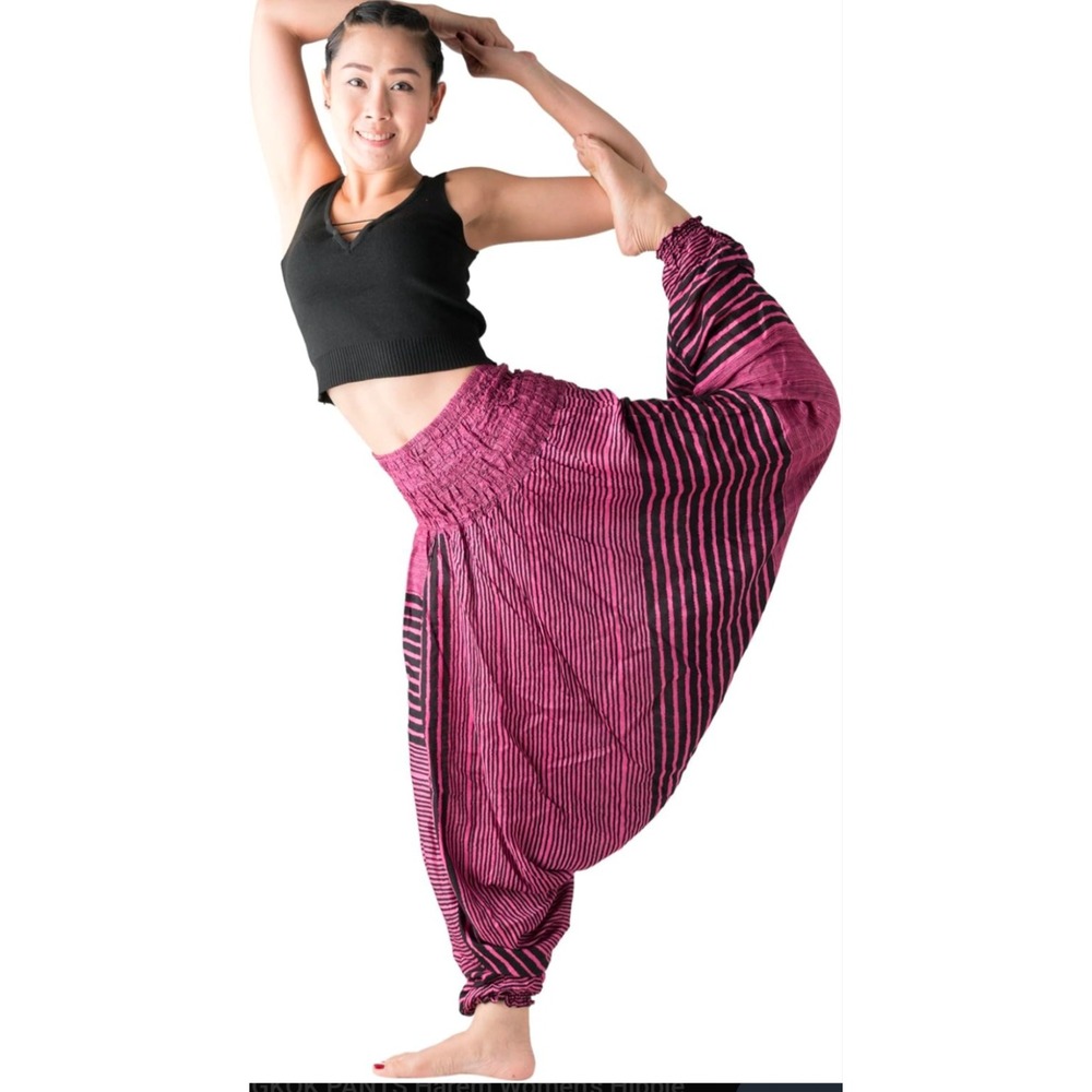 Bangkok Pants Harem Drop Crotch Pink Black Stripe Smocked Waist Plus Size